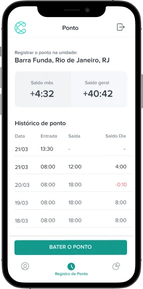 Tela do aplicativo Coalize com saldo de horas, histórico de ponto e o botão Bater o ponto