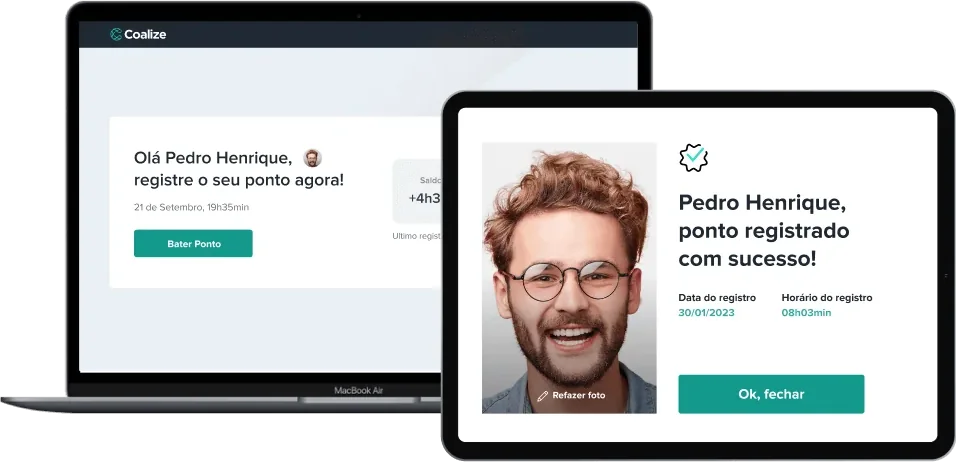 Notebook e tablet com a tela de ponto registrado com sucesso por reconhecimento facial